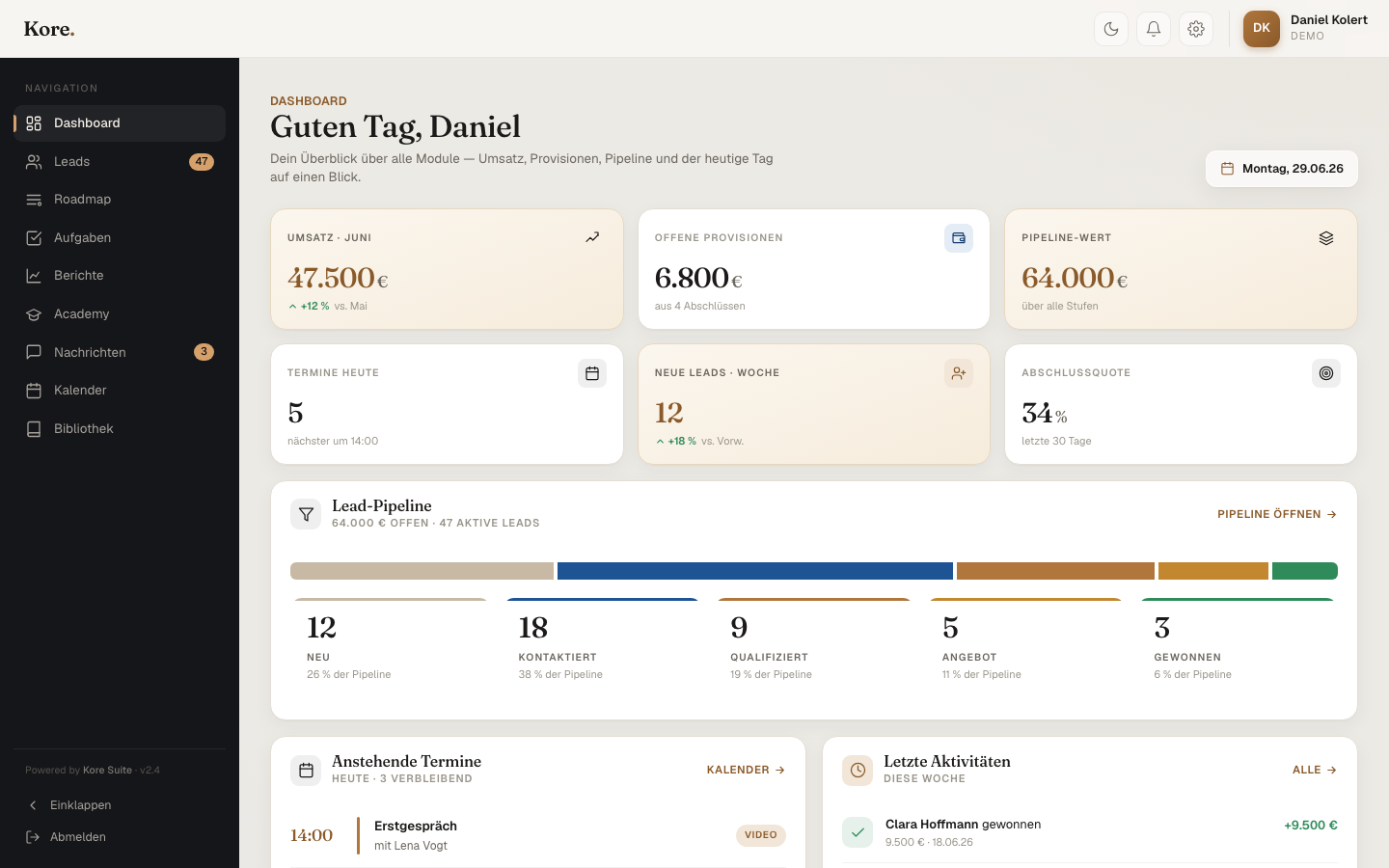 Kore, Dashboard mit Umsatz, Provisionen und Pipeline